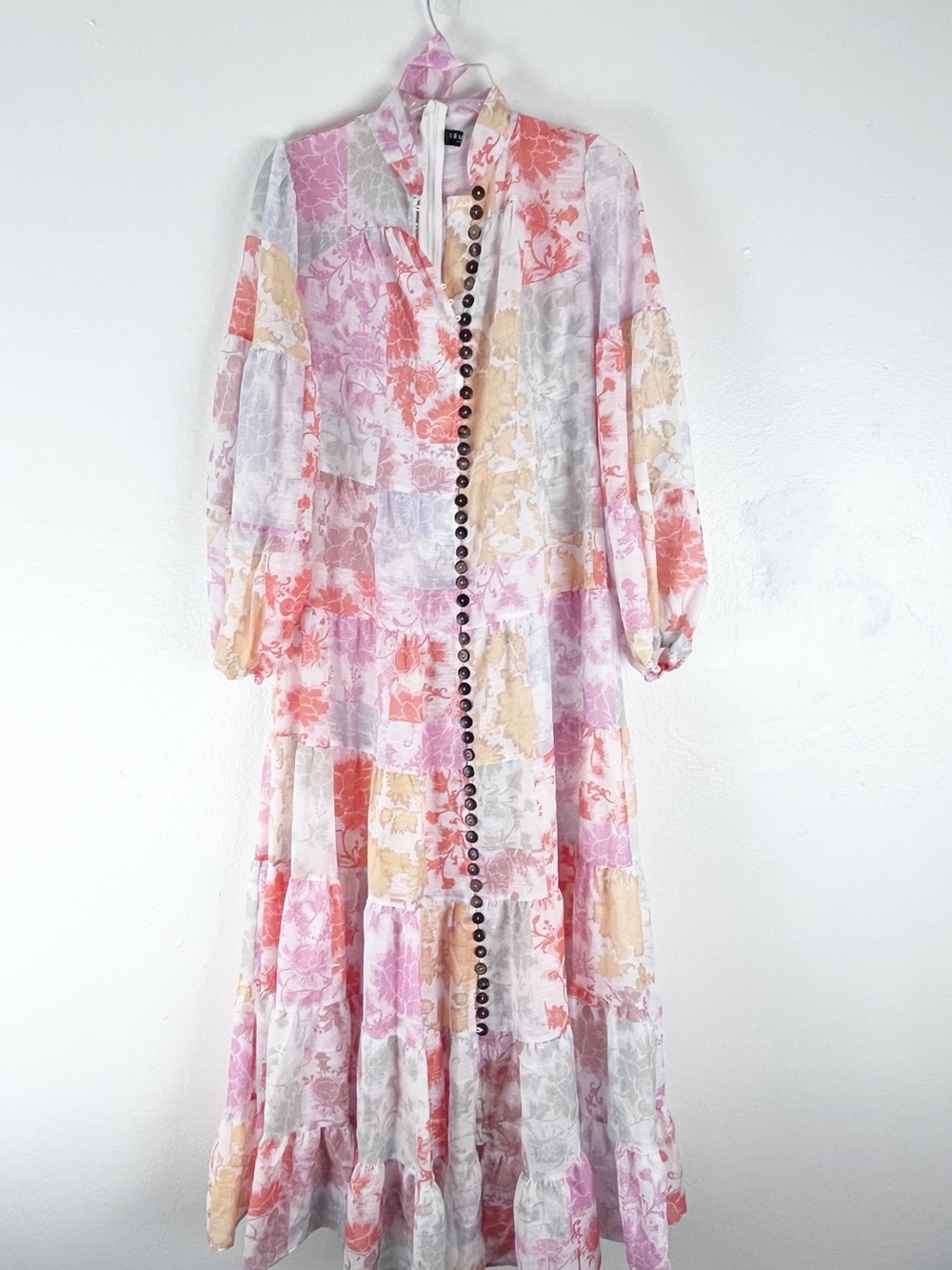 BEULAH Floral Long Sleeves Button Front Sheer Tiered Maxi Dress Size Large Boho